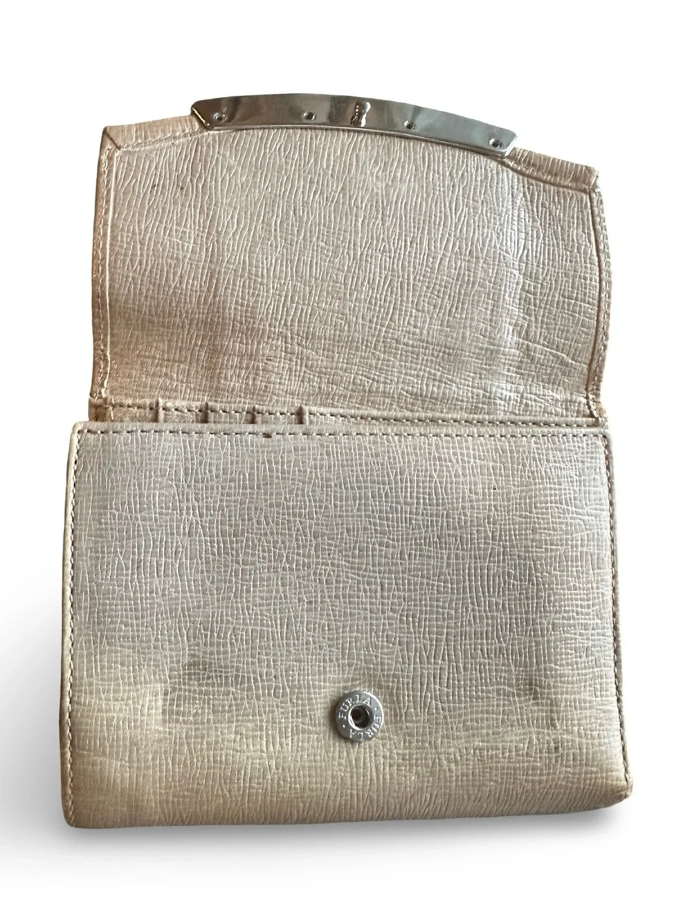 Authentic Furla Cream Beige Textured Leather Flap Wallet / Clutch - Silver Hardw